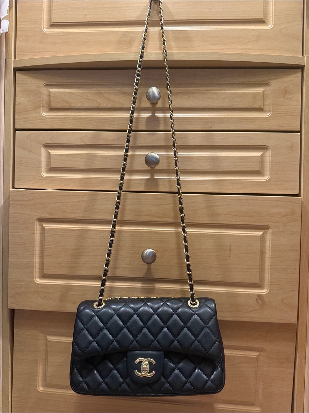Inspired Black Quilted Leather Shoulder Bag with Gold Chain Strap